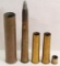 5 brass artillery rounds - 40mm and otherr, 1 having projectile with USN over anchor trench art on