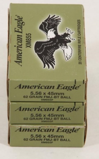 5.56 x 45 mm 65 grain FMJ-BT ball American Eagle, 20 round boxes