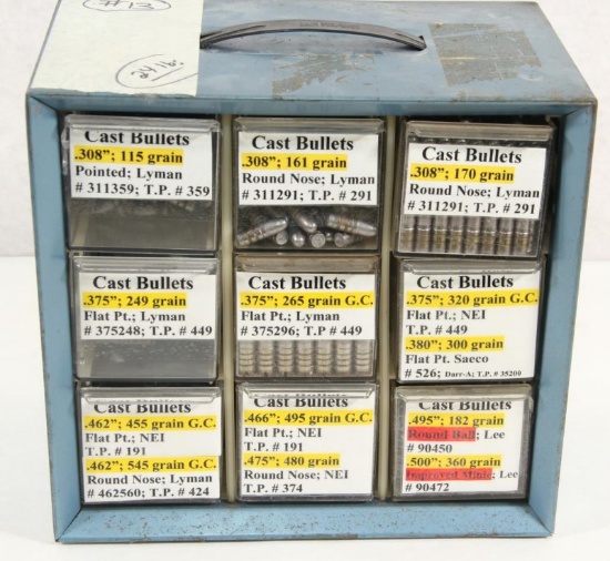 Parts bin with 24 pounds of cast bullets to include .308, .375, .466.