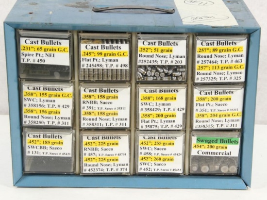 Parts bin with 22 pounds of cast and swaged bullets to include .245, .252, .257, .358, .452, and.454