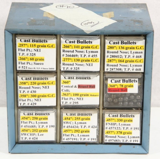 Parts bin of 10 pounds of cast bullets to include .257, .266, .280, .358, .360, .457