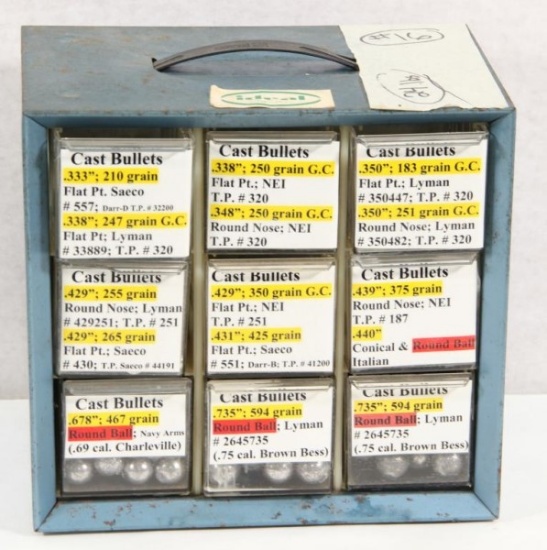 Parts bin of 24 pounds of cast bullets to include .69 Charlieville, .75 Brown Bess, .439, .429, .338