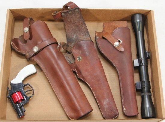 Flat lot to include unmarked fixed 4 power scope on Weaver 1" rings