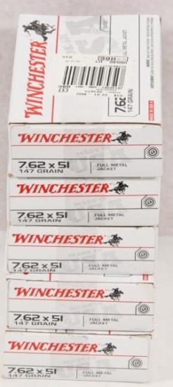 5 boxes Winchester 7.62x51mm 147 grain full metal  jacket (brass case) 20 rounds per box.