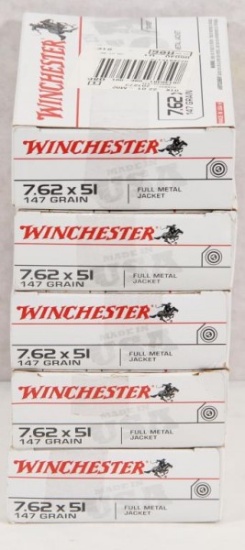 5 boxes Winchester 7.62x51mm 147 grain full metal  jacket (brass case) 20 rounds per box