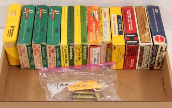7mm Rem mag brass cases, 12 boxes plus loose. Sold as one lot.