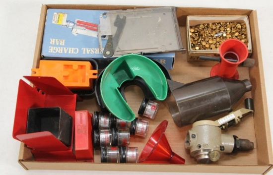 Flat lot of reloading supplies to include Universal Charging bar; powder trickler, Ohaus filler