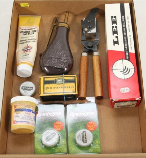 Black powder lot to include Lee Double Cavity .375 RB bullet mold; powder flash; round balls;