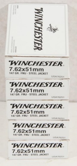 5 boxes Winchester 7.62x51mm 147 gr.FMJ-steel jacket, 20 rounds per box. Sold by the box,