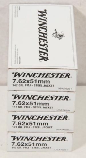 4 boxes Winchester 7.62x51mm 147 gr.FMJ-steel jacket, 20 rounds per box. Sold by the box,