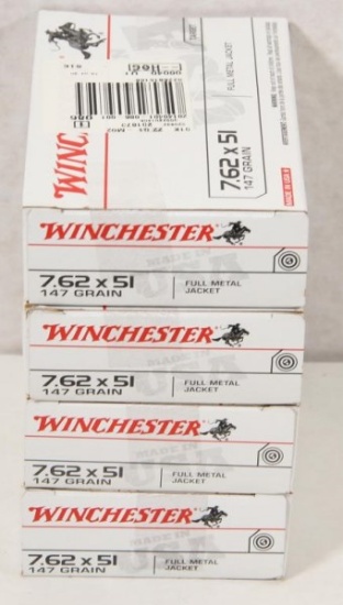 4 boxes Winchester 7.62x51 147 grain, full metal jacket (brass cases). Sold by the box,