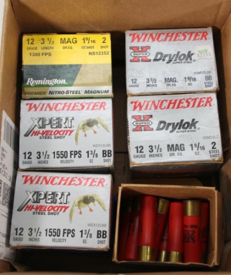 12 gauge 3.5 inch shells, 5 full boxes, 1 partial No. 2 and BB shot. Sold per box