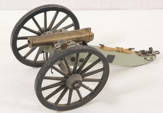 Miniature breech loading brass desk cannon on wooden carriage