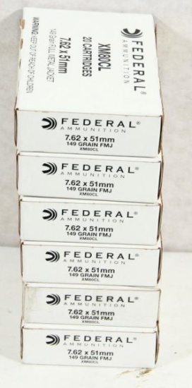 6 boxes 7.62 x 51mm Federal 149 gr. FMJ 20 rounds per box. Sold by the box, 6 times the money.