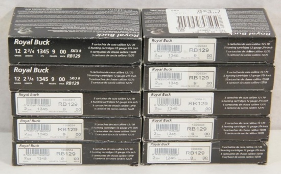 10 boxes REO Ammunition Royal Buck 12 gauge, 2.75 inch, 1345 fps 9 pellet 00 Buck, 5 rounds per box.