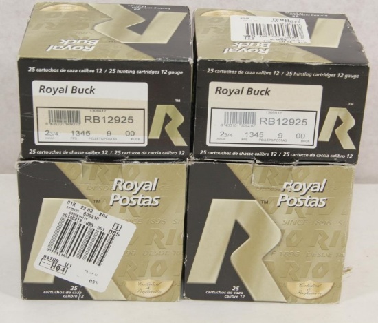 4 boxes REO Ammunition Royal Buck 12 gauge, 2.75 inch, 1345 fps 9 pellet 00 25 rounds per box.
