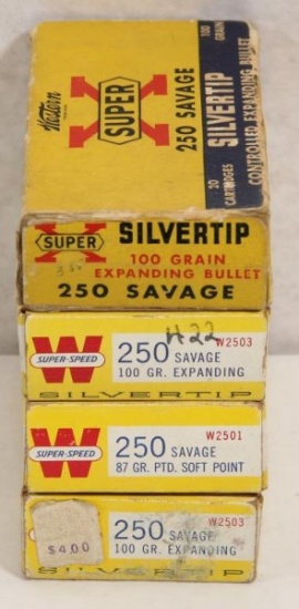 .250 Savage 4 boxes 35 total rounds assorted grains. Sold as a lot.