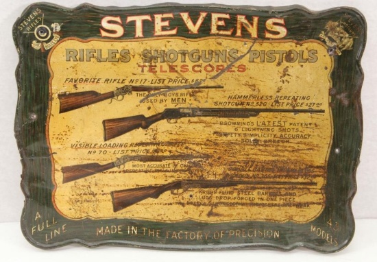 Early Stevens Rifles, Shotguns, Pistols and Telescopes advertising tin sign,