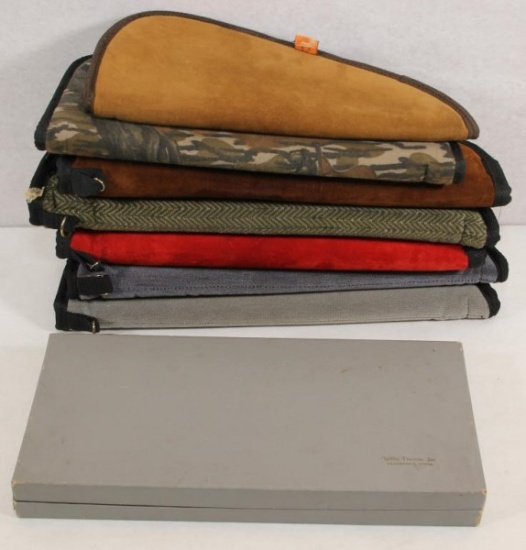 Witloe Precision pistol display box & 7 assorted zippered pistol pouches