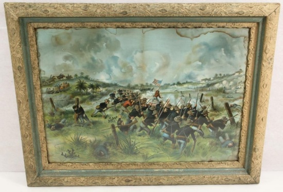 "The Storming of San Juan Hill" print in frame shows discoloration.