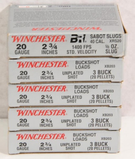 5 boxes Winchester 20 gauge 2.75 inch shotgun shells, 4 boxes #3 Buck, 1 box Sabot slugs,