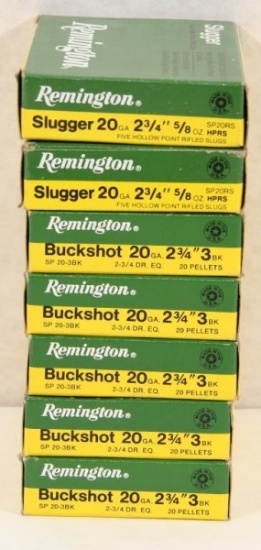 7 boxes Remington 20 gauge 2.75 inch shotgun shells - 5 boxes #3 Buck, 2 boxes Slugger.