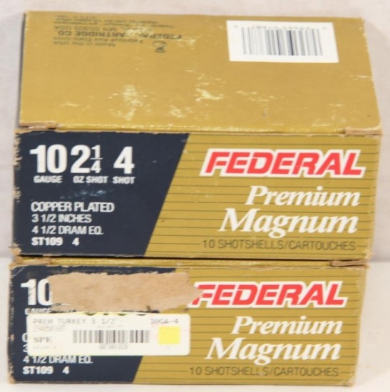 2 boxes 10 gauge Federal 3.5" shells #4 shot, 10 rounds per box. Sold by the box, 2 times the money.