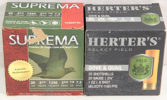 2 boxes of 20 gauge 2.75" shotgun shells 8 shot and 7.5, Herter's and Suprema. Sold by the box,