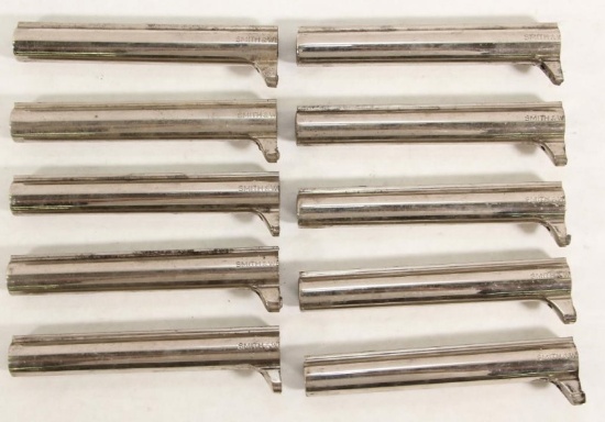 10 S&W revolver barrels, cut off, approx. 5.5"  in length, chromed. Sold as one lot.