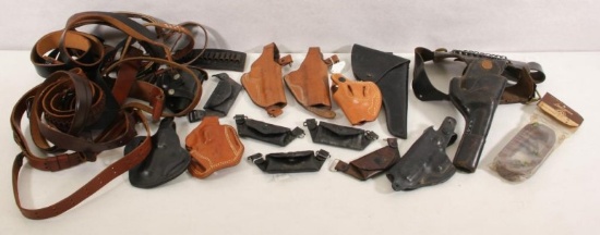 Large box full of asstd leather holsters & slings