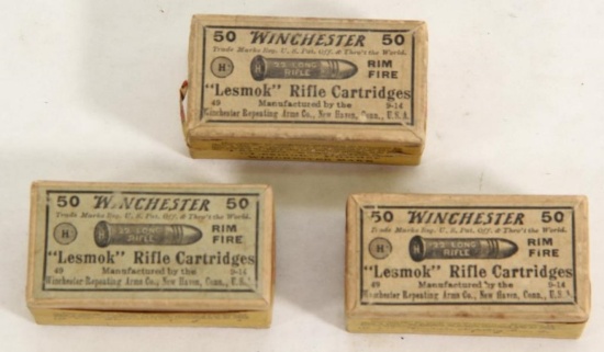 3 Winchester 2 piece .22 LR cartridge boxes "LESMOK" - 2 are sealed full, 1 is open and partial.