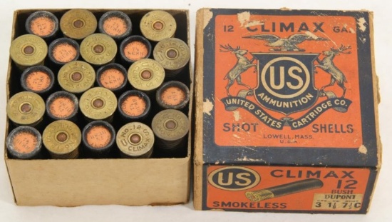 Original Climax US Ammunition 12 gauge 2 piece shotgun shell box with 23 original shells.