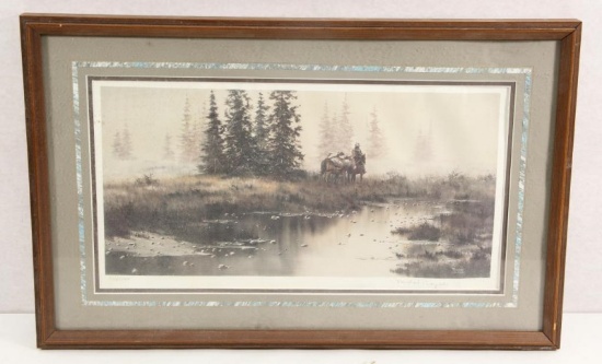signed Ltd Ed 520/1500 Wilderness Man print showing slight wear, framed. Overall approx. 27"w x 17"h