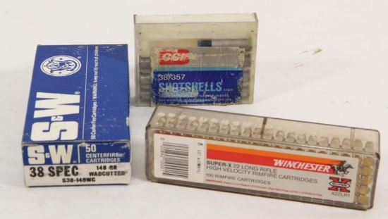 Full box Super-X 22 LR 100 round, 7 round CCI, .38 shot shell, and 45 rounds .38 Spl wad cutter.
