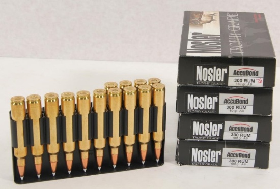 4 boxes Nosler 300 Rum 180 grain Accubond trophy grade missing 6 rounds. Sold by the box.