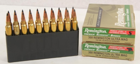 2 boxes Remington .300 Remington Ultra Mag 180 grain Scirocco Premier Bonded, 20 rounds per box.