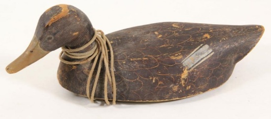 weighted wooden decoy with rope and original paint, approx 16" long