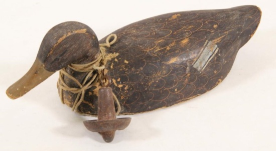 weighted wooden decoy with rope with weight and original paint, approx 16" long