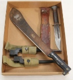 Flat lot containing 2 #4MK2 Enfield bayonets with scabbards and frogs, a hand forged 