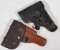 (2) small side arm leather holsters, unmarked, showing assorted wear