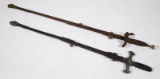 two Fraternal order presentation swords with scabbards in assorted conditions