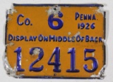 Pennsylvania 1926 metal hunting license