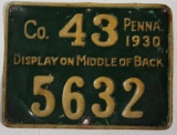 Pennsylvania 1930 metal hunting license