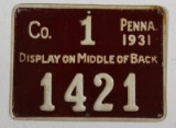 Pennsylvania 1931 metal hunting license