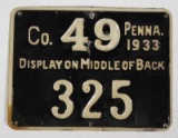 Pennsylvania 1933 metal hunting license