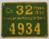 Pennsylvania 1936 metal hunting license