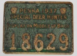 Pennsylvania 1937 Special Deer Hunter metal hunting license