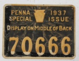 Pennsylvania 1937 Special Issue metal hunting license