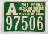 Pennsylvania 1941 Resident Hunter metal hunting license