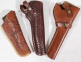 (3) leather holsters, basket weave Old West 45, Flower tooled Lawrence 120 LF SA 5 1/2